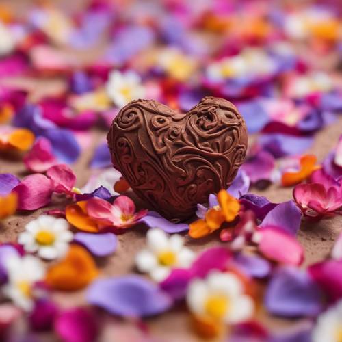 Um coração em miniatura de argila marrom aninhado entre pétalas de flores vibrantes.