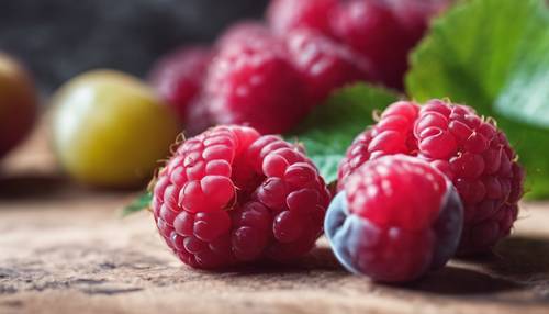 A close-up of luscious raspberries mixed with sweet, succulent plums.