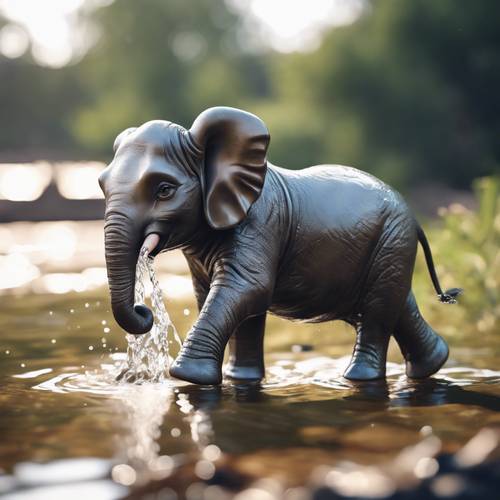 Seekor gajah kartun kecil memercikkan air dengan belalainya di dekat sungai.