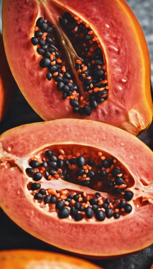 A close-up image of a freshly cut open papaya, with vibrant red seeds and a juicy orange flesh.