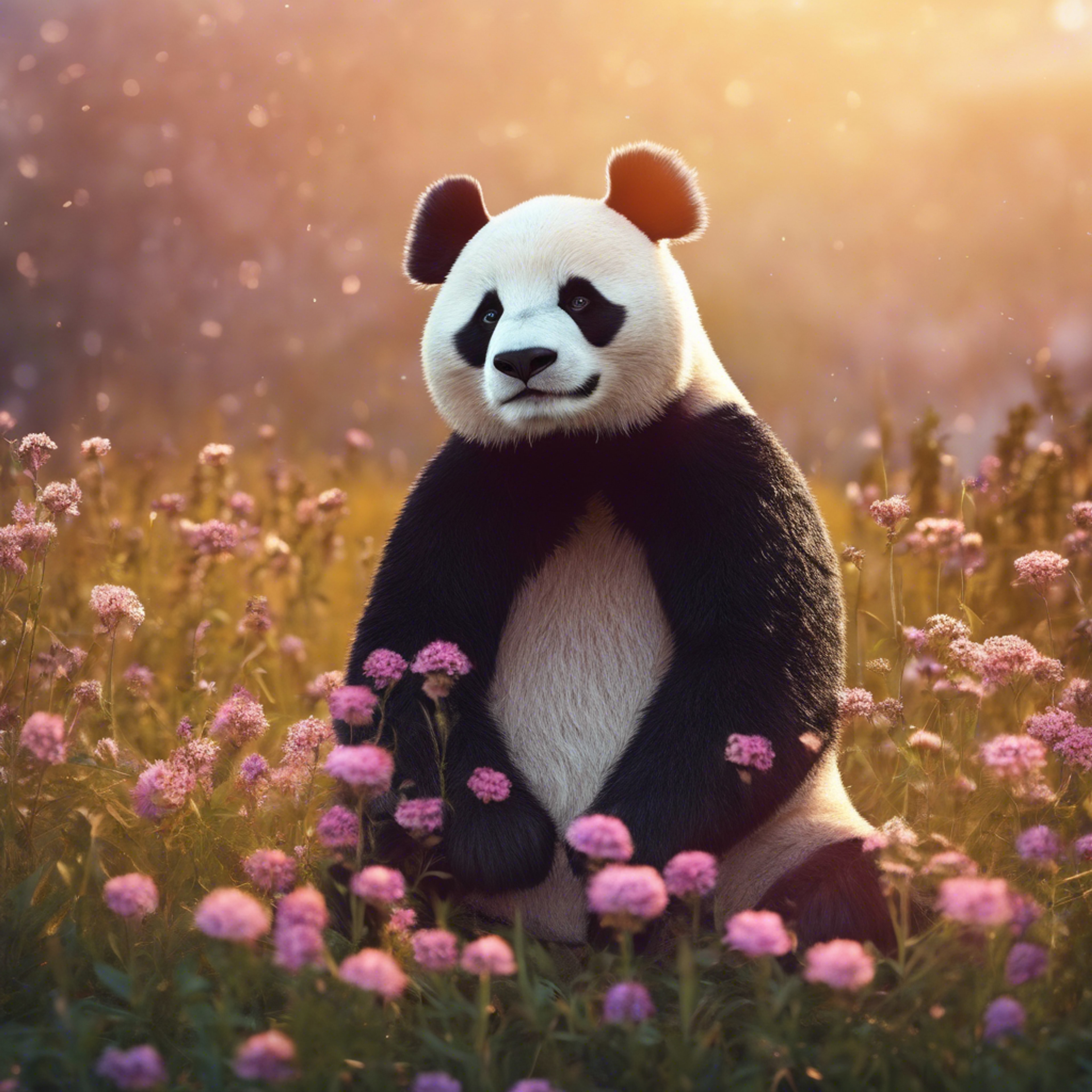 Beautiful illustration of a panda relaxing under the glow of the setting sun, surrounded by a field of wildflowers. Behang[4e88d1ee586942fa837d]