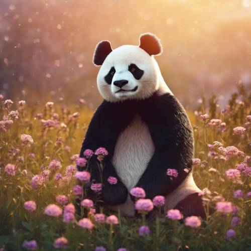 Ilustrasi indah seekor panda yang sedang bersantai di bawah sinar matahari terbenam, dikelilingi oleh ladang bunga liar.