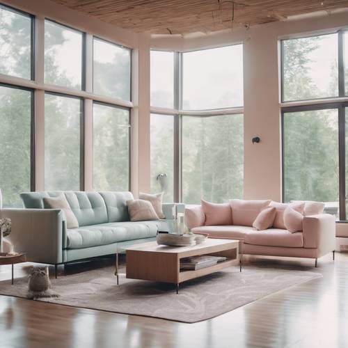 A sleek, modern living room with pastel-colored couches, large windows, and an elegantly simple fireplace.