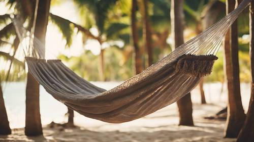 Un&#39;amaca rilassante in un ambiente tropicale caldo e ventilato, con una citazione stimolante intessuta nel tessuto.