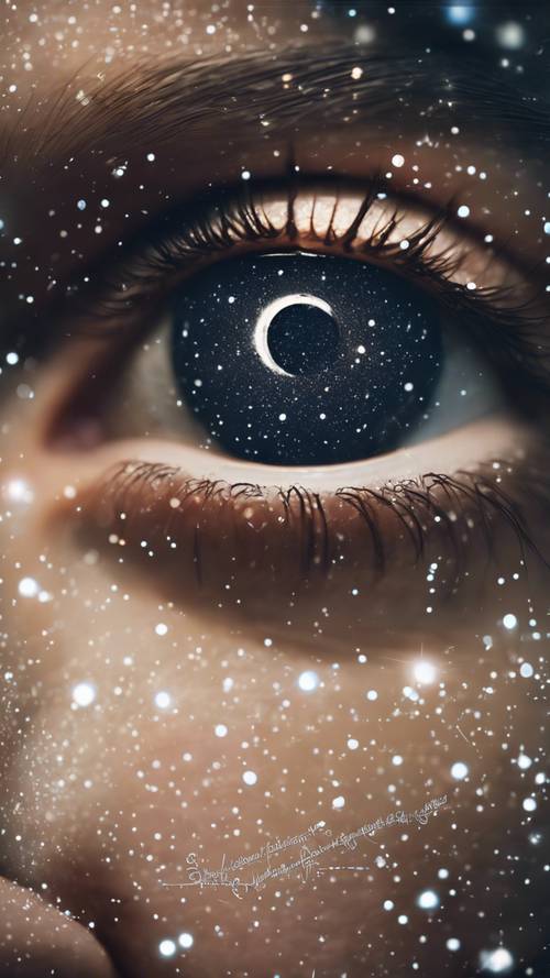 Mata yang dipenuhi rasi bintang dan benda langit, memantulkan malam berbintang.