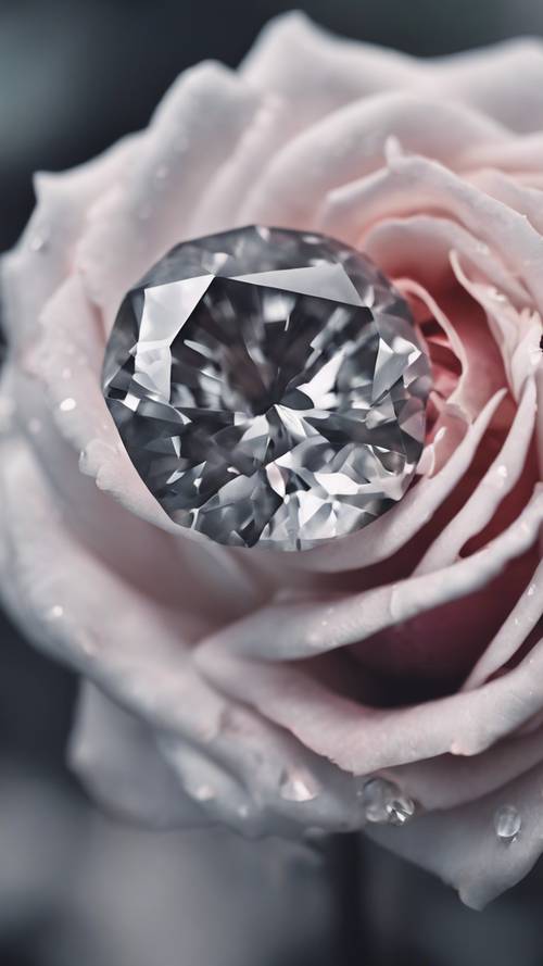 一顆華麗的灰色鑽石坐落在一朵盛開的玫瑰的中心。