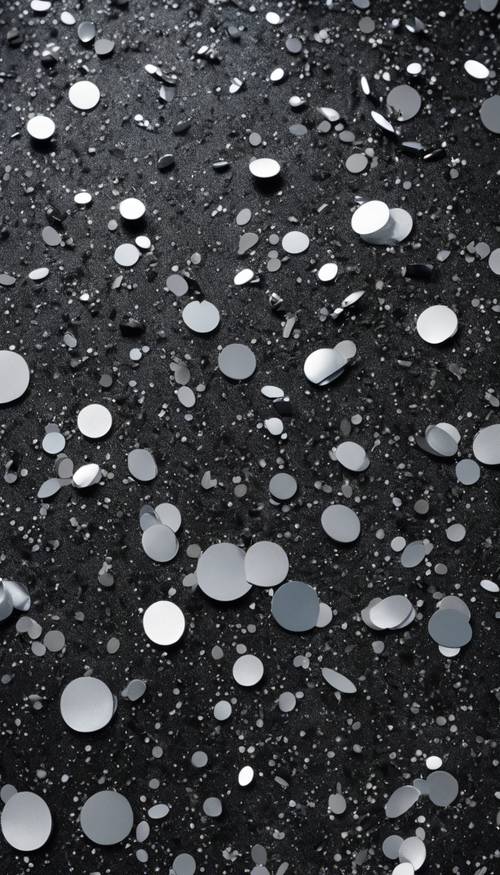 Una galassia di glitter neri e argento sparsi su una superficie liscia.