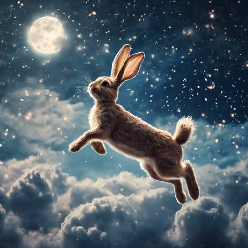 Magiczny latający królik szybujący przez chmury w świetle księżyca, rozsypujący po sobie gwiezdny pył.