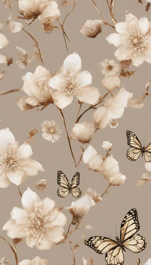 Carta da parati stravagante con delicati fiori e farfalle beige.