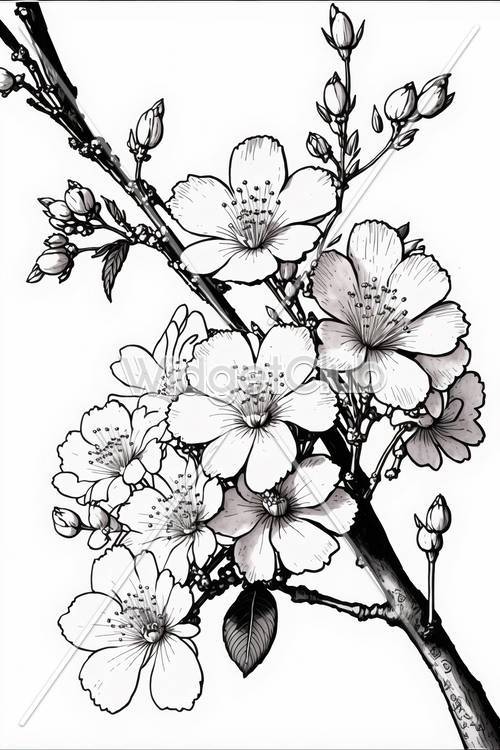 Piękne kwiaty wiśni w czerni i bieli