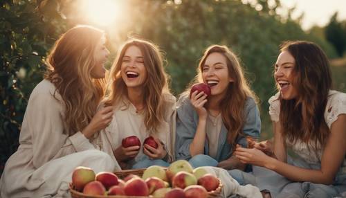 Một nhóm phụ nữ trẻ cùng nhau cười đùa khi đi dã ngoại trong vườn táo lúc hoàng hôn.