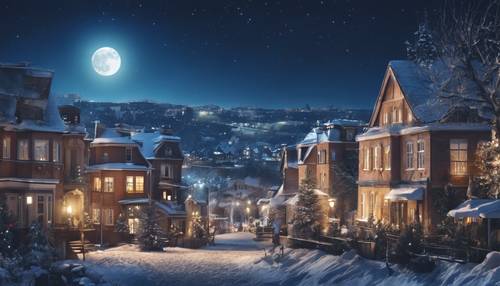 蓝月之下的圣诞夜宁静小镇景色