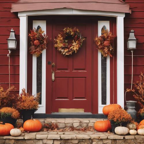 Ein herbstlicher Kranz an der roten Haustür einer Scheune heißt Gäste in einem für Thanksgiving dekorierten Bauernhaus willkommen.