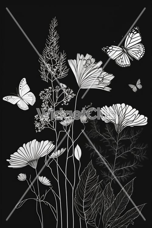 تصميم جميل من الزهور والفراشات باللونين الأبيض والأسود