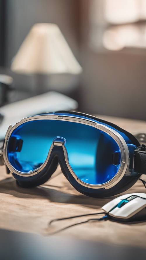 نظارات ألعاب زرقاء إلى جانب ماوس ألعاب أبيض.