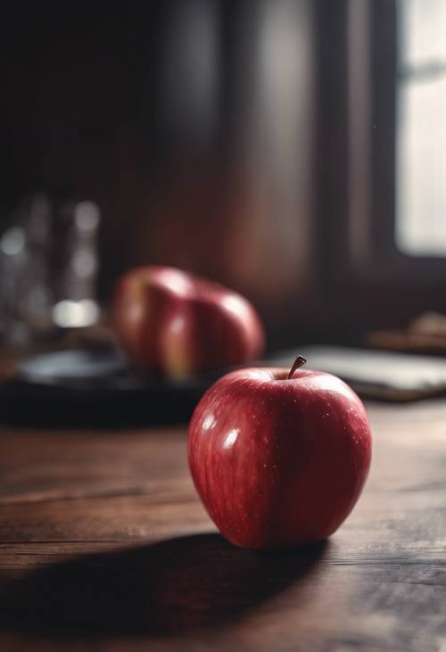 Una manzana roja pastel fresca sobre una mesa de madera oscura.