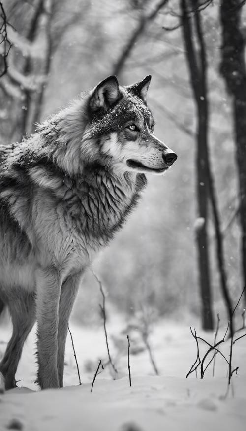 A black and white wolf, camouflaged in a snowy winter forest, its breath hanging in the frigid air.
