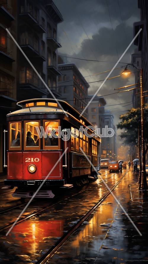 雨の中の街並みとレトロ路面電車