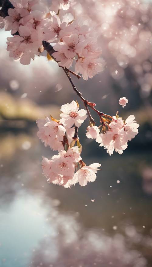 A whimsical scene where delicate light pink cherry blossoms are falling gently against the background of a calm, clear river. Tapeta [d02e1e96f8634f2ba24b]