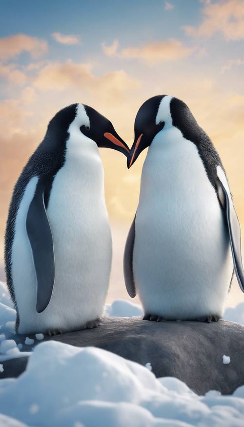 A pair of adorable penguins nuzzling on a snowy rock with shape of heart cloud floating in the blue sky. Wallpaper [b3751911533942d0b821]