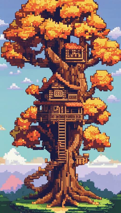 A charming pixelated image of a treehouse embedded within an ancient, towering tree with leaves in full bloom. Tapet [37100718a0244de7bce6]