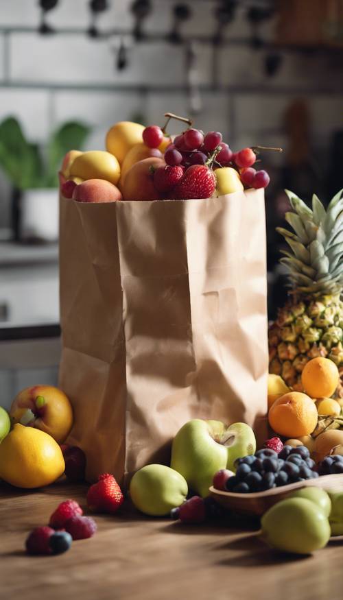 Eine braune Papiertüte gefüllt mit frischem Obst auf einer Küchentheke.