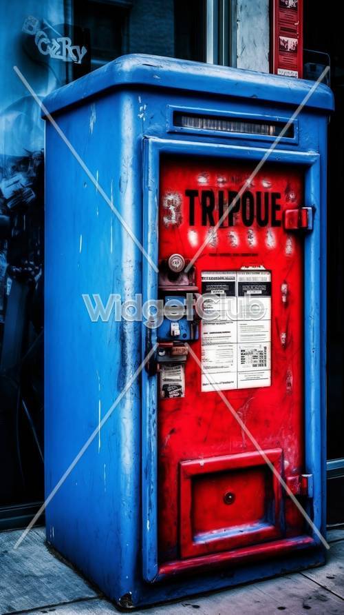 Farbenfrohe rote und blaue Tür mit Aufklebern und Hinweisen