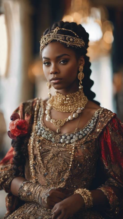 Un retrato de estilo renacentista de una niña negra con un vestido elaborado y joyas ornamentadas.