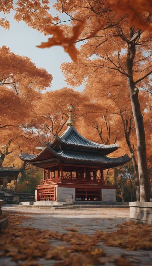 A mid-autumn scene of a Chinese pagoda surrounded by falling maple leaves.