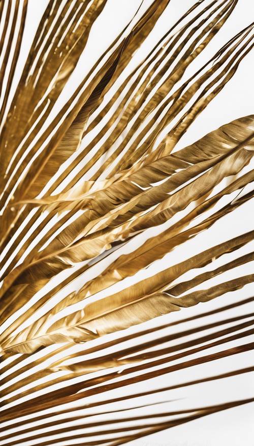 A pair of golden palm leaves criss-crossing each other against a white minimalist background.