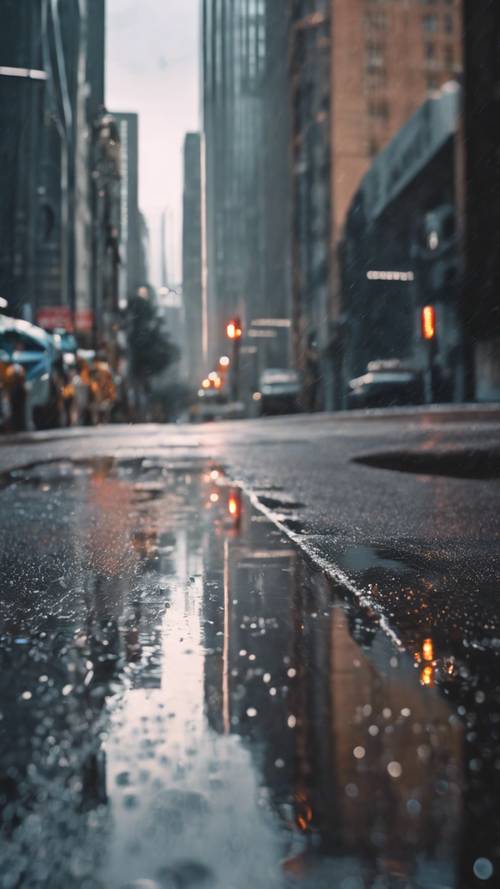 Uma vista matinal de uma rua serena e deserta da cidade, com arranha-céus refletidos no asfalto molhado de uma chuva recente.