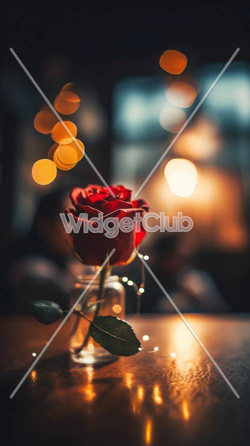 Rosa rossa con luci scintillanti in un barattolo