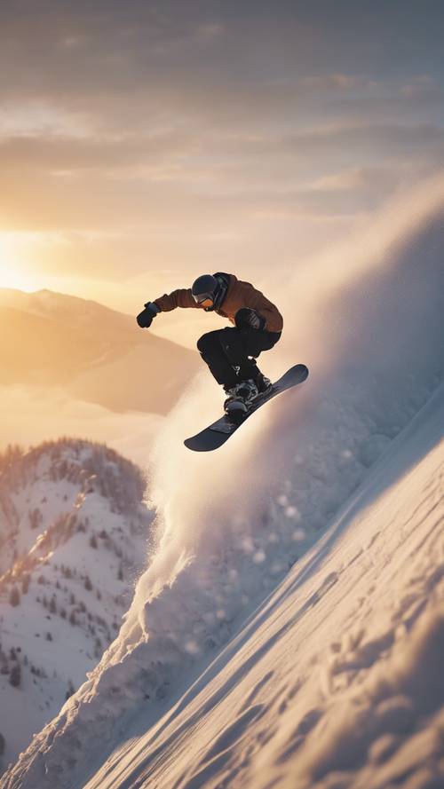 Um snowboarder profissional executando uma manobra impressionante contra o pôr do sol na encosta íngreme de uma montanha.