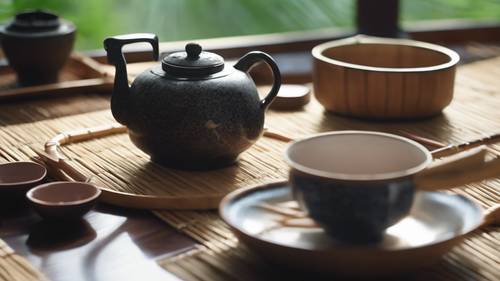 Bambu mutfak eşyalarıyla bir Japon çay töreni düzeni