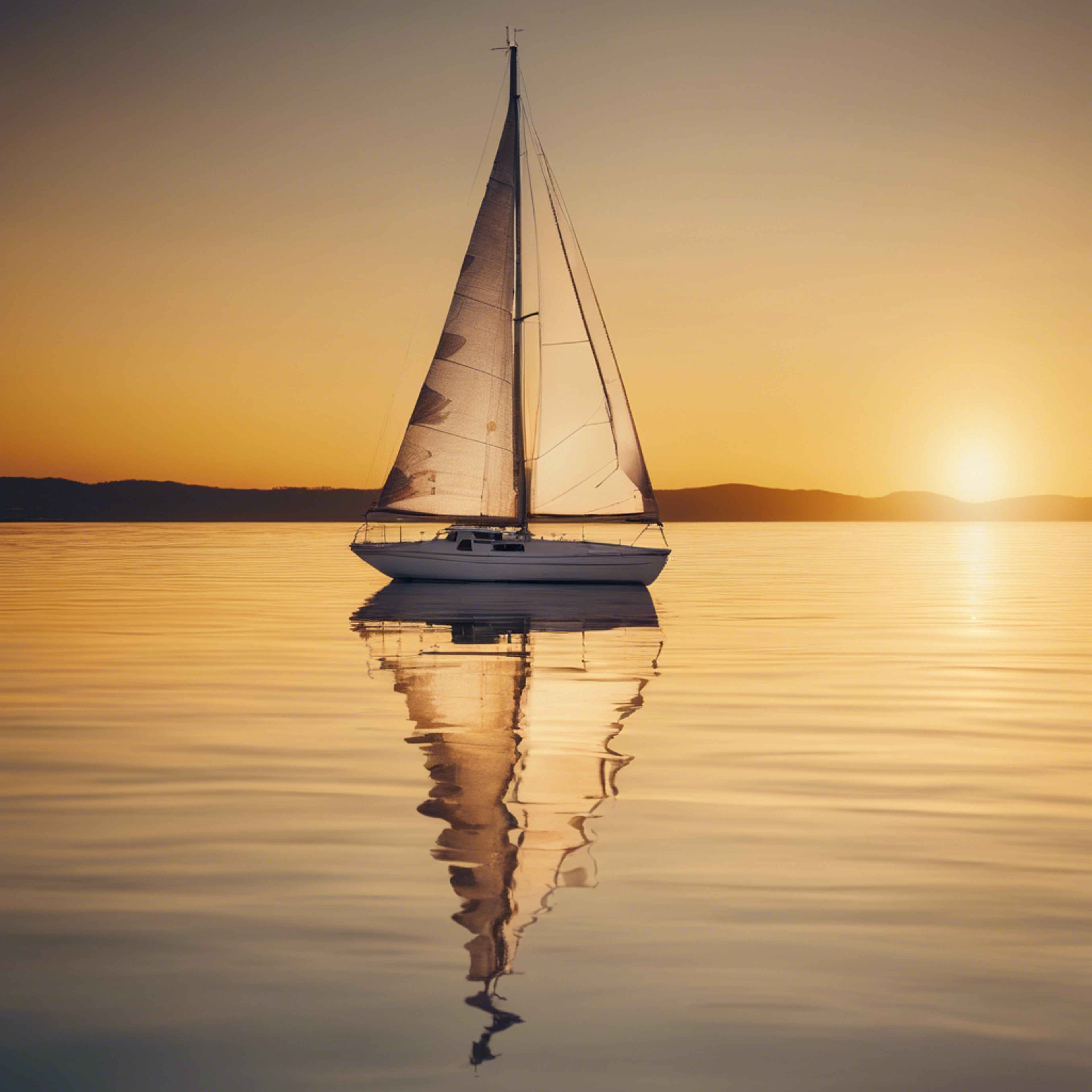 A picturesque scene of a white sailboat floating on a sea of shimmering yellow gold at sunset. Wallpaper[7609f41ea04949c9a6f7]