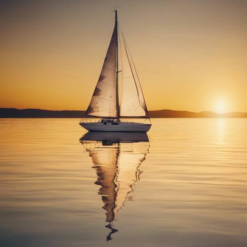 A picturesque scene of a white sailboat floating on a sea of shimmering yellow gold at sunset.
