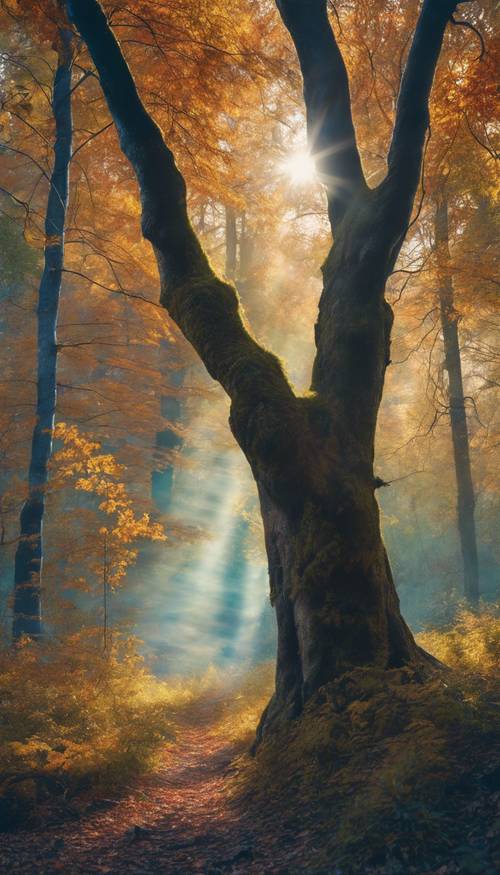 Herbstlich gefärbter Wald unter einem auffällig blauen Regenbogen an einem klaren, kühlen Morgen.