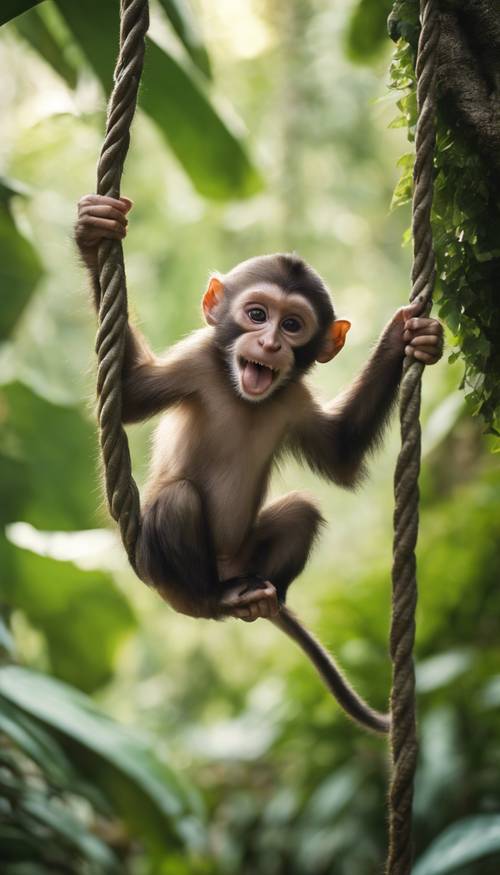 A mischievous capuchin monkey swinging from a vine in a lush, tropical rainforest.