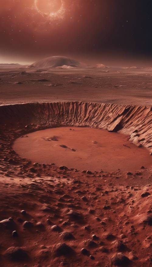Uma vista panorâmica da cratera marciana com paredes de solo vermelho e céu escuro.