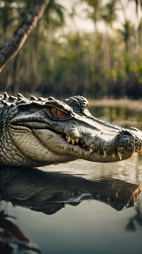 Um crocodilo movendo-se rapidamente pelos Everglades, com manguezais balançando em seu rastro.
