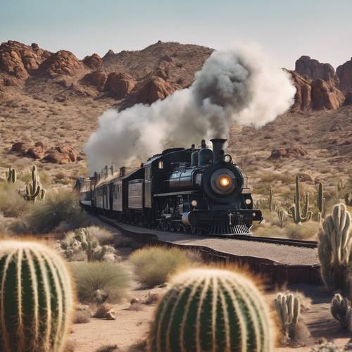 Yüksek kaktüslerle çevrili çorak Batı manzarasında hızla ilerleyen bir lokomotif buharlı tren.