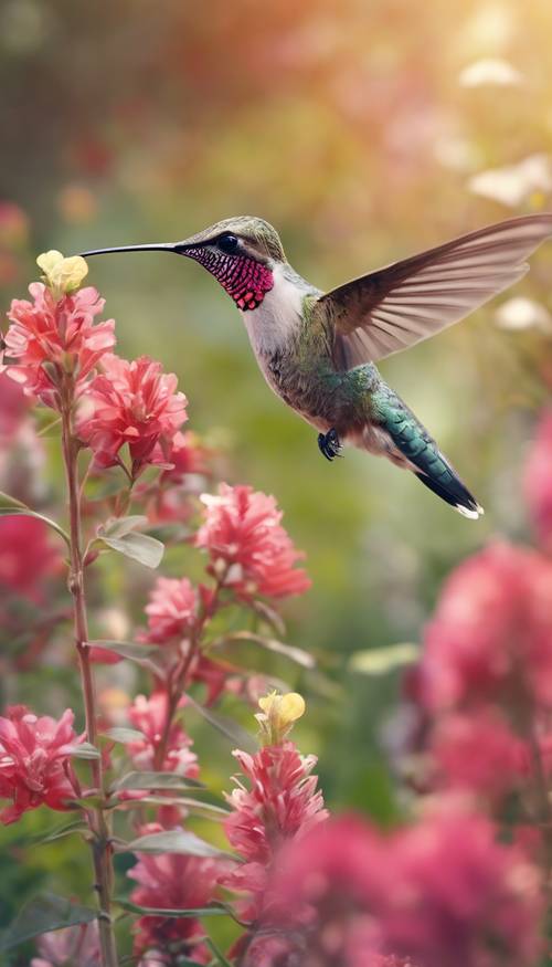 Un colibrì marrone chiaro con la gola color rubino che si libra in un luminoso giardino fiorito, le sue ali sono in movimento.