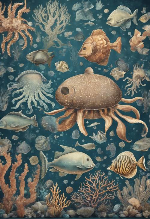 Mural vintage de temática submarina lleno de intrincadas criaturas marinas.