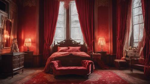 A Victorian-era bedroom, steamy and glowing by candlelight, with red damask curtains.