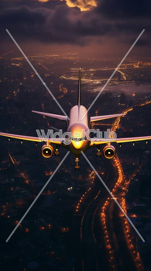 מטוס טס מעל העיר בשעת בין ערביים