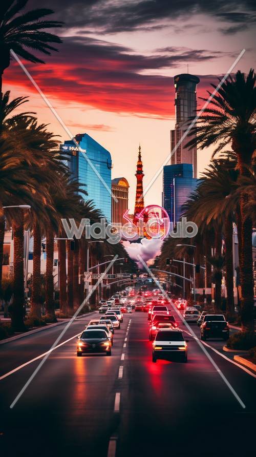 Spannende Straßenansicht von Las Vegas bei Sonnenuntergang