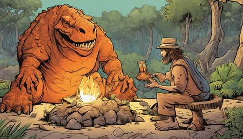 這是一個有趣的場景，石器時代的穴居人和友好的橙色卡通恐龍圍著火分享食物。
