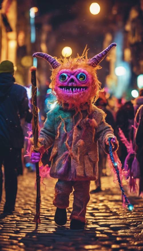 Eine skurrile Halloween-Parade voller entzückender Monster und Kreaturen, deren Kostüme mit Neonlichtern dekoriert sind und die eine Kopfsteinpflasterstraße entlang marschieren.