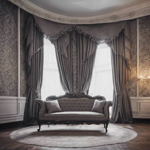 Une chambre néo-victorienne avec des rideaux damassés gris.