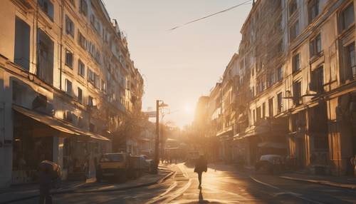 Uma cena de uma cidade branca tranquila e pacífica banhada por raios dourados durante o nascer do sol.